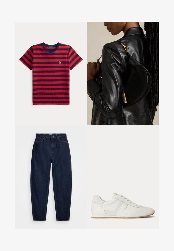 Krátke tričko s okrúhlym výstrihom, s červenými a námorníckymi horizontálnymi pruhmi a malým bielym logom Polo Ralph Lauren na ľavej strane hrudi.; Tmavomodré džíny so strihom rovného nohu, s oranžovým štepovaním, predným zapínaním na gombík a piatimi vreckami.; Biela nízka teniska so šnurovaním vpredu, zsemišovými a koženými panelmi a svetlohnedou gumovou podrážkou na bielom pozadí.; Osoba v čiernej koženej bunde nesie čiernu kabelku v tvare polmesiaca so zlatou prackou na ramene na jednoliatom pozadí.