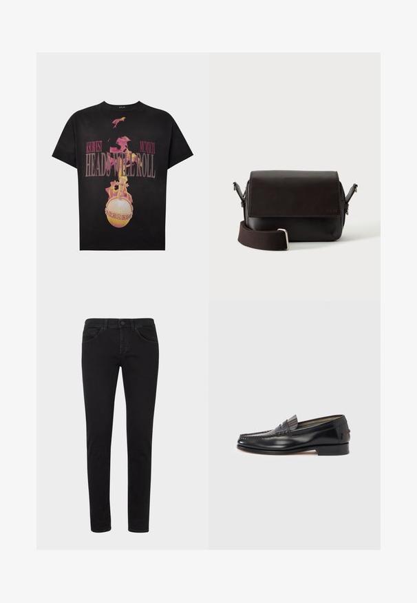 T-shirt noir avec un graphisme d'orbe enflammée et croix, et texte rose "KSUBI EST MCMXCIX HEADS WILL ROLL" sur le devant.; Jean en denim noir à coupe slim, avec un design classique à cinq poches, passants pour ceinture et fermeture à boutons sur le devant. Texture lisse avec un léger effet délavé.; Mocassins en cuir noir avec un design de style mocassin, présentant une bande décorative et un détail de couture sur le dessus. Talon bloc bas.; Sac bandoulière en cuir marron foncé avec fermeture à rabat et sangle en tissu réglable sur fond blanc.