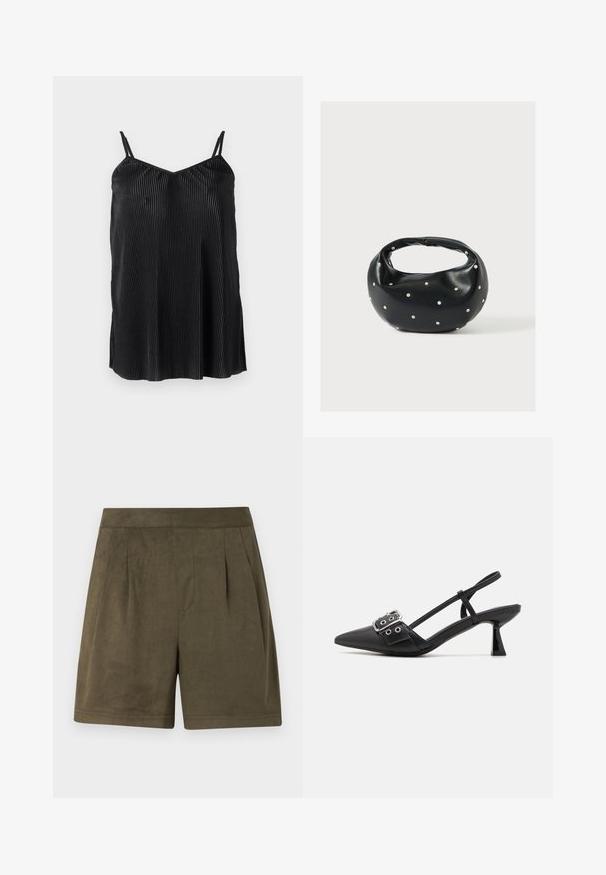 Top de tirantes finos ajustables en color negro, con pliegues verticales y una textura suave, diseñado con un dobladillo recto y un corte relajado.; Pantalones cortos de un verde oliva oscuro hechos de un material suave, similar al ante, con un diseño plisado, corte a media longitud y una cinturilla limpia y estructurada.; Simmi London DALA - Tacones - black; Bolso de mano de cuero negro con forma redondeada, decorado con detalles de tachuelas plateadas y un asa corta. Textura lisa y cierre con cremallera.