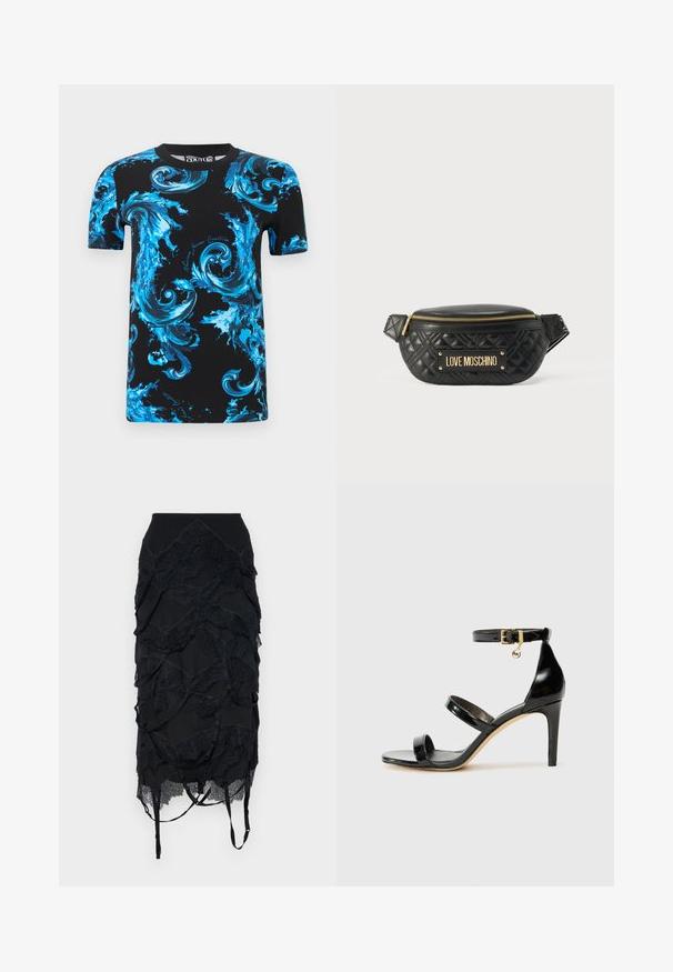 Sort T-shirt med korte ærmer og hvirvlende blå barokmønstre samt teksten "Versace Jeans Couture" på front og ærmer.; Sort nederdel med lagdelte blondeaccenter, en tætsiddende talje og justerbare stropper. Designet inkluderer et bølge-lignende mønster gennem det hele.; Sorte patenterede lædersandaler med tre stropper, ankelspænde og 10 cm stiletthæl. Har detaljer i guld og et logo charms.; Sort quiltet lædertaljebælte med gylden lynlås og "LOVE MOSCHINO" guldsmedalje på forsiden.