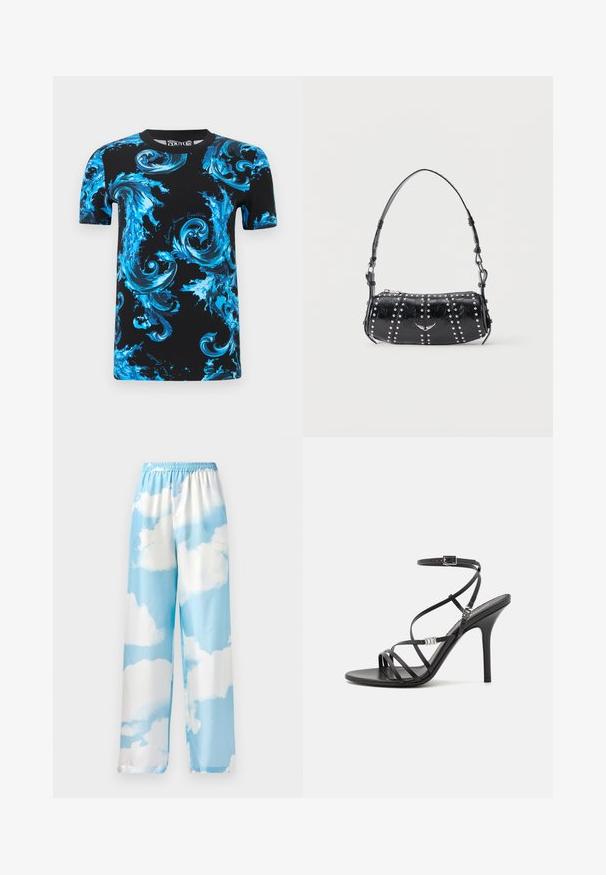 Sort T-shirt med korte ærmer og hvirvlende blå barokmønstre samt teksten "Versace Jeans Couture" på front og ærmer.; Himmelblå bukser med sky-mønster, lavet af glat stof, med en elastisk talje og brede ben. Ingen synlige lommer eller hardware.; Sort højhælet sandal med tynde stropper, en ankelspænde, en glat læderoverflade og en slank stilethæl.; Sort skuldertaske i laklæder med sølvnitter i lodrette rækker og et lille sølvfugleemblem midt på fronten.