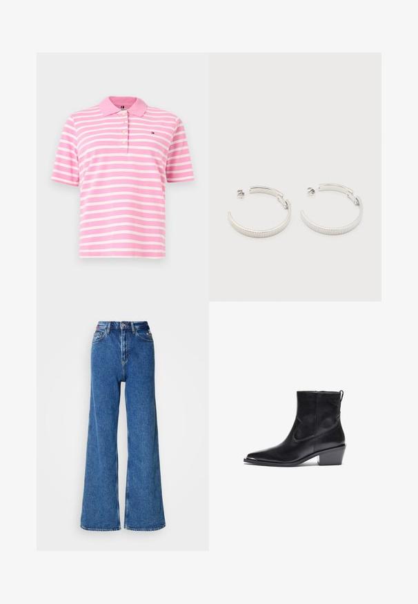 Rosa-weißer, horizontal gestreifter Polo-Shirt mit kurzen Ärmeln, einem Kragen, vier Knöpfen und einem kleinen Logo auf der linken Brust.; Weite blaue Jeans aus Denim mit hoher Taille, Fünf-Taschen-Design und gestickten Akzenten in der Nähe des Bundes.; Schwarzer Leder-Ankle-Boot mit spitzer Zehe und niedrigem Blockabsatz. Mit einem Seitenreißverschluss und minimalen Nähdetails für ein elegantes Design.; Ohrstecker in Silberoptik, halbkreisförmig mit geriffelter Textur und Steckverschlüssen, auf weißem Hintergrund.