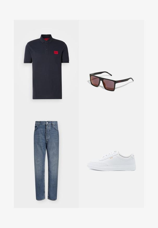 Polo-shirt bleu marine en coton, avec un col et des poignets côtelés, comportant une patte de boutonnage à trois boutons et un logo rouge sur la poitrine gauche.; Jean droit en denim bleu avec taille haute, fermeture à boutons sur le devant et design à cinq poches sur un fond clair uni.; Baskets blanches en cuir avec une texture lisse, bout rond et coutures tonales. Possède des lacets bleus et un logo doré sur le côté.; Lunettes de soleil rectangulaires noires avec des verres rouge foncé, présentant une finition mate et un logo rouge sur la branche. Monture en plastique robuste.