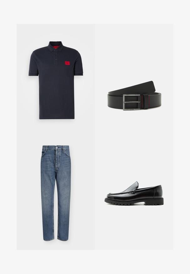 Marineblaues Poloshirt aus Baumwolle, mit einer Knopfleiste mit drei Knöpfen, geripptem Kragen und Bündchen, sowie einem roten Logo-Patch auf der linken Brust.; Gerade geschnittene blaue Jeans aus Denim mit hoher Taille, Frontknopfverschluss und Fünf-Taschen-Design auf einem schlichten hellen Hintergrund.; Schwarzer Lederloafer mit grober Gummisohle, genähter Oberseite und geprägtem Markennamen an der Ferse, seitlich auf weißem Hintergrund gezeigt.; Schwarzer Leder Gürtel mit einer silbernen rechteckigen Schnalle und roten Nähten. Glatte Textur mit klassischem Design.