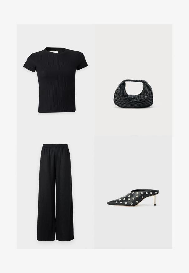 Crop top noir côtelé à manches courtes avec col rond en tissu extensible.; Pantalon large en lin noir avec taille élastique, présentant une finition texturée et une silhouette ample pour le confort et la respirabilité.; STAND STUDIO KELSEY - Mules à talons - black; Sac hobo tissé noir avec une structure souple et une poignée intégrée, présenté sur un fond clair uni.