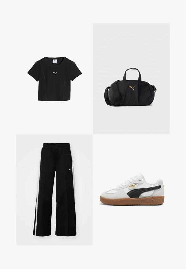 Zwarte geribbelde crop top met korte mouwen, ronde hals en wit Puma-logo in het midden van de borst.; Zwarte wijde broek met een elastische tailleband, verticale witte strepen, zijzakken met rits en een klein logo op de bovenbeen.; Witte leren sneakers met een zwarte suède streep, gumrubberen zool en gouden branding aan de zijkant. Vetersluiting met een afgeronde neus.; Zwarte gestructureerde schoudertas met bovenhandvatten, brede verstelbare riem en klein gouden Puma-logo in het midden aan de voorkant.