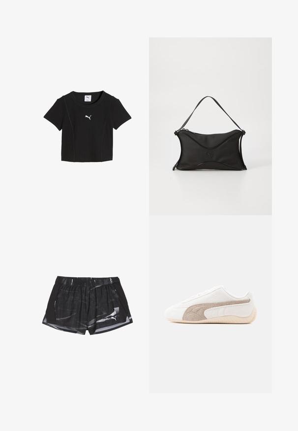 Zwarte geribbelde crop top met korte mouwen, ronde hals en wit Puma-logo in het midden van de borst.; Zwarte sportshorts met een grijs abstract patroon, elastische tailleband en zijopeningen voor ventilatie, gemaakt van lichtgewicht stof.; Witte Puma sneaker met beige suède zijstrip en lichtbeige zool, zijaanzicht op een witte achtergrond.; Zwarte handtas van een zacht, textuur materiaal. Heeft een golvend ontwerp, een enkele schouderband en een subtiel logo-detail op de voorkant.