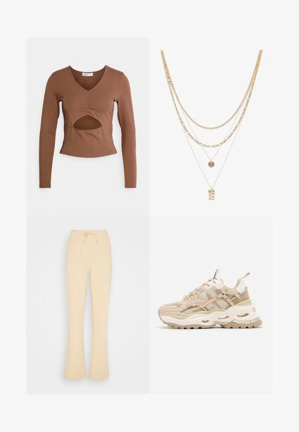 Bruine langemouwtop van zachte stof met een V-hals, plooidetails en een uitsparing bij de taille. Strak ontwerp met een cropped lengte.; Envii ONYX PANTS - Trainingsbroek - irish cream; Beige en witte chunky sneaker met dikke zool, mesh- en leren panelen, ovale uitsparingen in de tussenzool, trekriemen op de tong en hiel.; Gouden multi-laags halsketting met verschillende kettingstijlen, waaronder chunky schakels en fijne kettingen, met ronde en rechthoekige hangers.
