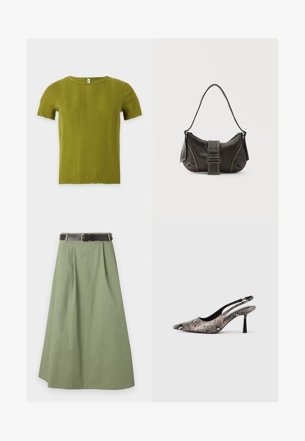 Haut en maille vert olive à manches courtes avec motifs verticaux côtelés et col rond, présenté sur fond blanc uni.; Jupe longue vert olive clair avec des plis et une ceinture marron foncé à boucle argentée à la taille.; Chaussures slingback à bout pointu en matériau à imprimé serpent texturé, avec un talon noir fin et un design découpé sur les côtés.; Sac à épaule en cuir noir avec une sangle à boucle, des bords arrondis et des coutures blanches contrastées sur un fond uni.