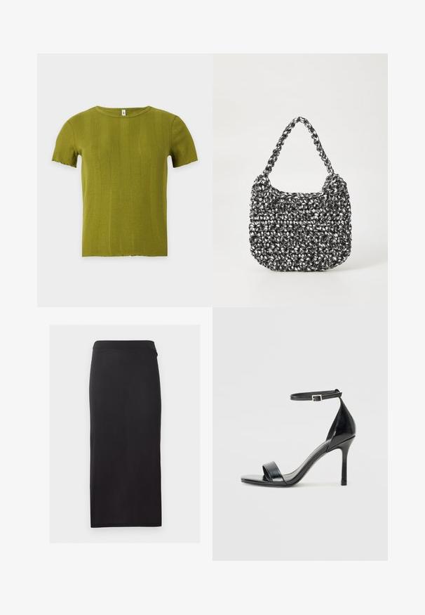 Haut en maille vert olive à manches courtes avec motifs verticaux côtelés et col rond, présenté sur fond blanc uni.; Jupe crayon noire longueur genou avec une silhouette droite et ajustée, sans motifs ni ornements visibles.; Sandale à talon haut en cuir verni noir avec un bout ouvert, une seule lanière à l'avant et une lanière de cheville ajustable.; Sac en osier noir et blanc de forme arrondie, avec une surface texturée et une poignée tressée. Convient à un usage décontracté.
