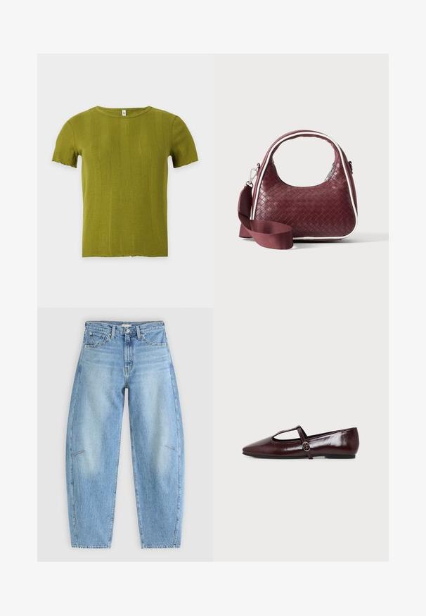 Kortemouwig olijfgroene gebreide top met geribbelde verticale patronen en een ronde hals, weergegeven tegen een effen witte achtergrond.; Lichtblauwe denim jeans met een relaxte pasvorm, met een hoge taille, rechte pijpen en subtiele stiksels op de voorzakken.; Donker bordeauxrode leren platte schoen met een puntige neus en een dunne T-strap met een zilveren gesp op een witte achtergrond.; Donkerrode geweven leren handtas met gebogen handvat, witte bies, zilveren rits en afneembare brede stoffen schouderriem tegen een effen achtergrond.
