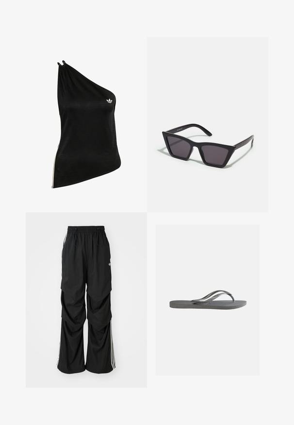 Haut noir à une épaule en tissu doux et lisse, avec un motif géométrique subtil et un petit logo blanc sur la poitrine.; Pantalons noirs amples avec une taille élastique, cordon de serrage et rayures blanches sur les côtés ; fabriqués en tissu léger avec une texture lisse.; Claquette grise plate avec semelle texturée et fines brides en Y, vue de profil sur un fond clair uni.; Lunettes noires angulaires avec des verres gris ; fabriquées en plastique, avec des branches épaisses à la surface lisse et sans matériel visible.