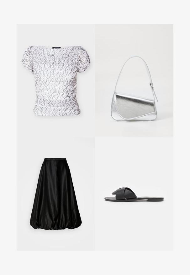 Haut blanc à épaules dénudées avec des pois violet clair. Caractérisé par un tissu froncé à l'avant et des manches courtes bouffantes pour une silhouette ajustée.; Jupe midi en satin noir avec une forme ballon volumineuse. Texture lisse et taille ajustée, conçue pour une silhouette fluide.; Sandale noire à enfiler avec des brides croisées. Fabriquée en cuir lisse avec une semelle plate et des coutures minimales. Design simple, à bout ouvert.; Sac à main en métal argenté de forme triangulaire, texture lisse et fine bandoulière réglable. Présente un design rabat avec couture.
