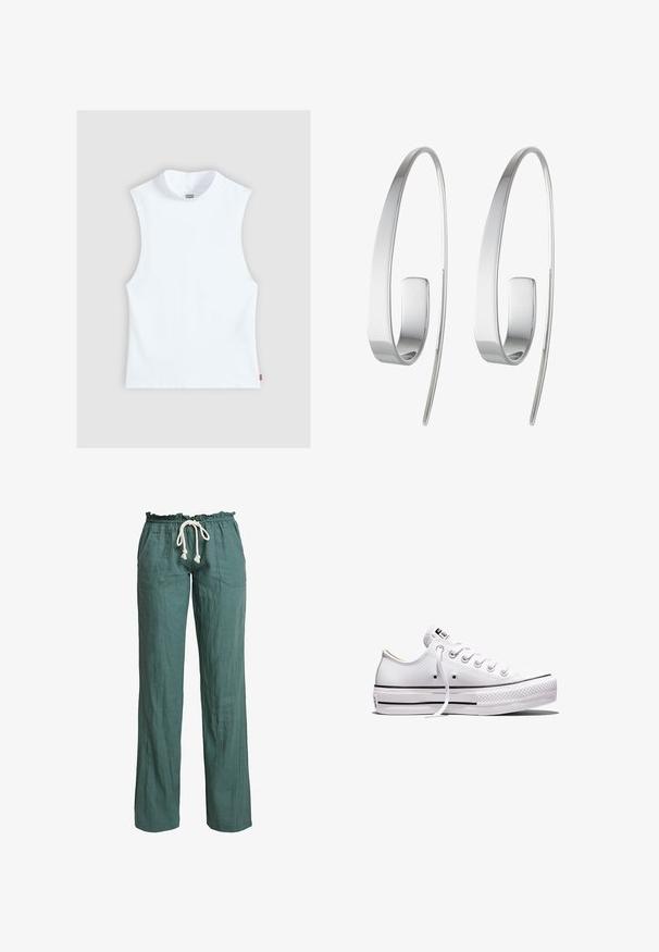 Top blanc sans manches en coton avec col rond haut et petite étiquette Levi's sur le côté, présenté sur un fond gris clair.; Pantalons en lin léger et vert avec une coupe décontractée, une taille élastique et un cordon de serrage, comportant deux poches latérales.; Baskets basses en toile blanche avec lacets blancs, semelle en caoutchouc, détails à rayures noires, et écusson logo sur la languette et le talon.; Boucles d'oreilles en argent avec un design allongé et épuré. Fabriquées en métal poli, présentant une texture lisse et un style minimaliste.
