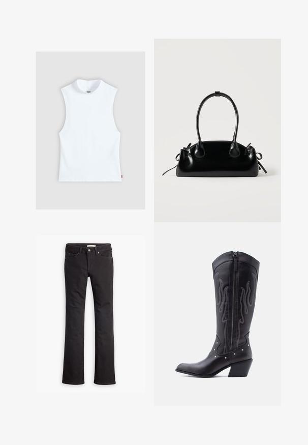 Top blanc sans manches en coton avec col rond haut et petite étiquette Levi's sur le côté, présenté sur un fond gris clair.; Jean noir en denim, avec une coupe droite, taille standard, cinq poches et des détails de couture subtils.; Bottes de cow-boy en cuir noir avec bout pointu, coutures apparentes, ornements à clous argentés et fermeture éclair sur le côté intérieur.; Petit sac à main noir brillant avec deux longues anses et des détails à cordon sur les côtés sur un fond clair uni.