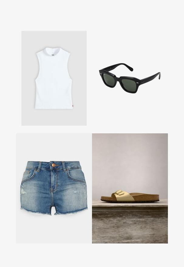 Top blanc sans manches en coton avec col rond haut et petite étiquette Levi's sur le côté, présenté sur un fond gris clair.; LTB PAMELA - Short en jean - lelia; Sandale glissante synthétique dorée avec une seule sangle et un accent de boucle, dotée d'un pied en liège brun et d'une semelle en caoutchouc texturé.; Lunettes de soleil carrées noires avec des verres vert foncé, présentant des montures audacieuses et des accents argentés sur les côtés. Fabriquées en Italie.