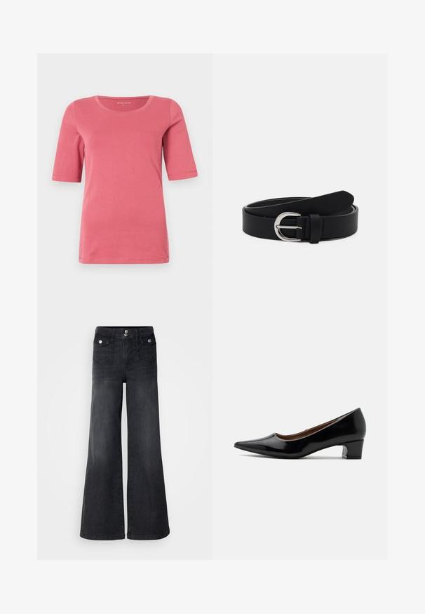 Rosa Damen T-Shirt mit kurzen Ärmeln und Rundhalsausschnitt aus glattem Baumwollstoff, im regulären Schnitt und mit genähten Säumen.; Schwarze Denim-Jeans mit weitem Bein und hoher Taille, mit vorderen Knöpfen und zwei Vordertaschen; glatte Textur mit leichtem Verwaschungsfinish.; Schwarzer Lackleder-Pumps mit niedrigem Absatz, spitz zulaufender Schuhspitze und geschwungenem Blockabsatz, im Profil auf hellem einfarbigem Hintergrund dargestellt.; Schwarzer Leder-Gürtel mit einer silbernen runden Schnalle, flaches Design, sich verjüngendes Ende, glatte Textur und minimalistischer Stil.