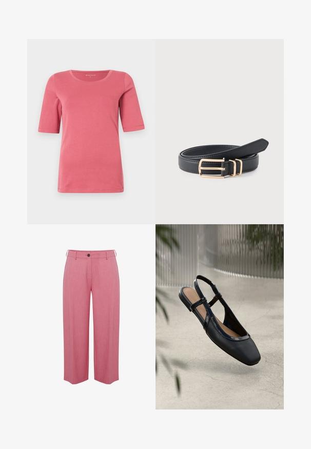 Rosa Damen T-Shirt mit kurzen Ärmeln und Rundhalsausschnitt aus glattem Baumwollstoff, im regulären Schnitt und mit genähten Säumen.; Helle rosa weit geschnittene Hosen aus einem glatten Stoff, mit einem Knopfverschluss und Gürtelschlaufen für eine verstellbare Passform.; Schwarze Leder Slingback Ballerina mit rechteckiger Zehenpartie, ausgestattet mit einem glänzenden lackierten Besatz und verstellbaren Riemen für einen sicheren Sitz.; Schwarzer Ledergürtel mit einer goldenen rechteckigen Schnalle und zwei passenden goldenen Gürtelschlaufen, auf einem hellen Hintergrund gedreht.