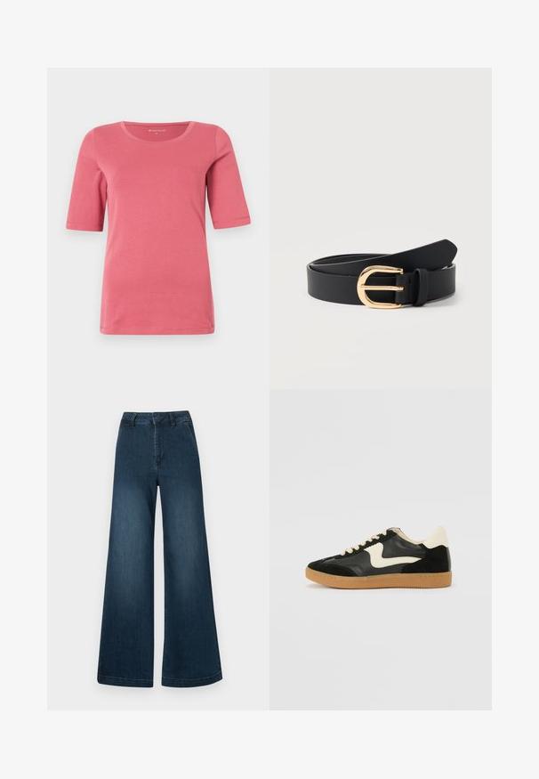 Rosa Damen T-Shirt mit kurzen Ärmeln und Rundhalsausschnitt aus glattem Baumwollstoff, im regulären Schnitt und mit genähten Säumen.; Dunkelblaue High-Waist-Jeans mit weitem Bein, Taschen vorne und Gürtelschlaufen auf weißem Hintergrund.; Schwarze Wildleder- und Leder-Sneaker mit einem cremefarbenen Seiten-Swoosh und einer hellcremefarbenen Ferse. Ausgestattet mit beige Schnürsenkeln und einer Gummilaufsohle.; Schwarzer Ledergürtel, aufgerollt mit einer glänzenden goldfarbenen gewölbten Schnalle und einer Gürtelschlaufe auf schlichtem weißen Hintergrund.
