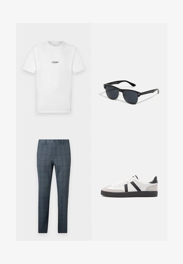 Camiseta blanca de algodón con mangas cortas y cuello redondo. Presenta un pequeño logo negro de "JJ Studios" en el pecho.; Pantalones de vestir para hombre de corte slim en azul grisáceo con un sutil patrón de cuadros, botón frontal, trabillas para cinturón y diseño frontal plano.; Zapatilla blanca con acentos en negro y gris, que presenta una puntera texturizada en gris, suela de goma negra y cordones planos blancos. Diseño limpio, estilo minimalista.; Gafas de sol negras con forma rectangular, lentes oscuros, detalles plateados en las patillas y un acabado mate en la montura.