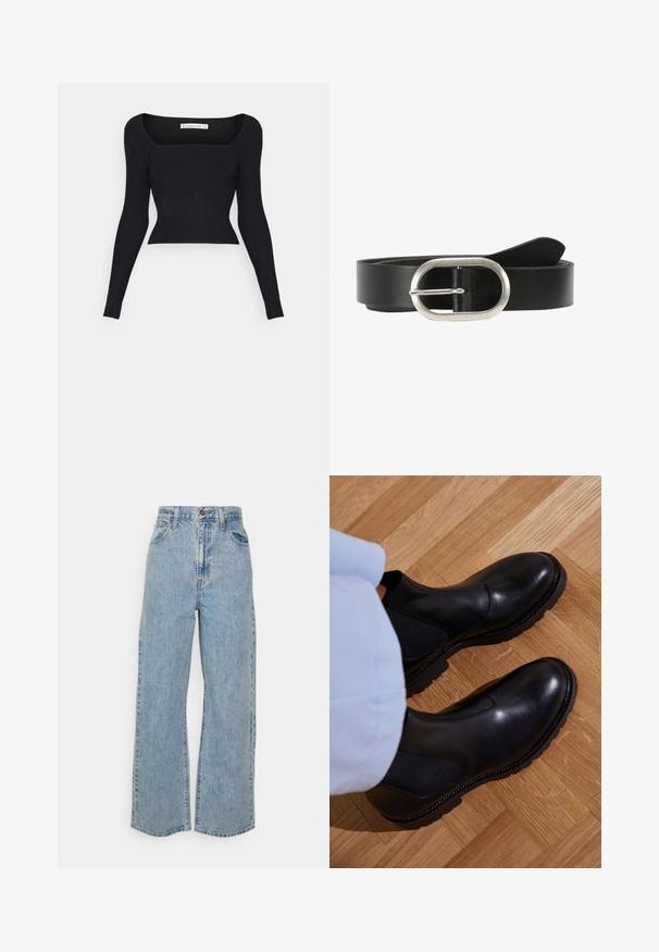 Abercrombie & Fitch OTTOMAN NECK REORDER - Camiseta de manga larga - black; Jeans de mezclilla de pierna ancha en azul claro con cintura alta, cierre de botón frontal, cremallera y diseño de cinco bolsillos sobre fondo liso.; Botas negras de tobillo hechas de cuero suave con paneles laterales elásticos, una suela de goma texturizada y costuras en contraste a lo largo del borde.; Cinturón de cuero negro con una hebilla plateada redondeada. La correa es suave con un acabado de bordes limpios, mostrando un diseño minimalista.