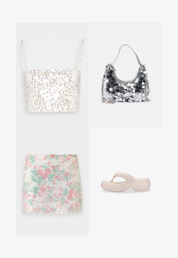 Gina Tricot SHIMMER CROPPED - Top - offwhite; Tela blanca con un estampado floral de flores en tonos pastel de rosa y verde, que presenta una superficie texturizada y sutiles lentejuelas a lo largo del borde inferior.; Melissa FREE FUZZY - Sandalias de dedo - beige; Bolso de mano plateado con forma redondeada, una asa suave y una correa de cadena plateada. Presenta un cierre de cremallera y acentos reflectantes.