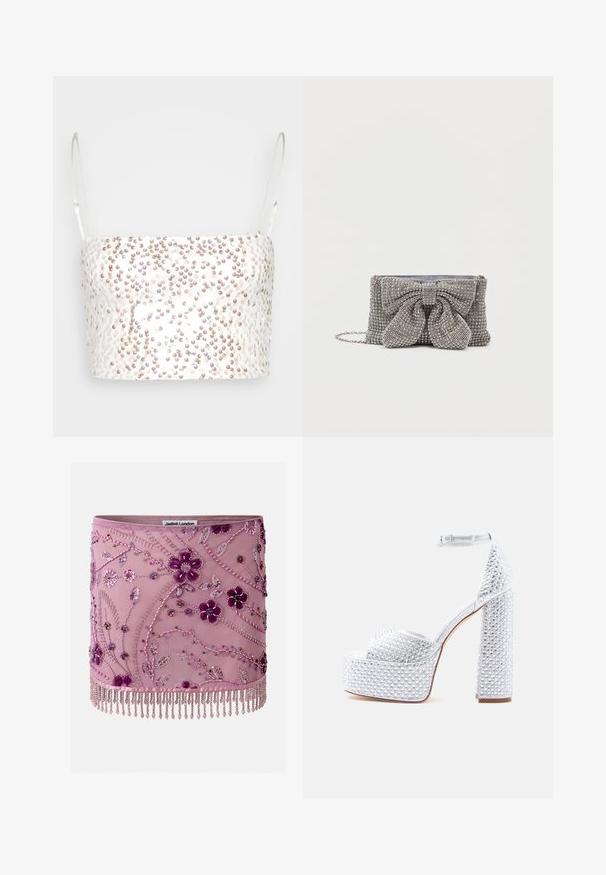 Gina Tricot SHIMMER CROPPED - Tops - offwhite; Rozā mini svārki ar violeta ziedu pērlīšu un fliteru izšuvumu, samta ziedu akcentiem un pērlīšu bārkstīm apakšmalā.; Sudraba krāsas platformas augstpapēžu sandales ar kniedētām rotājumierīcēm, plašu blokpapēdi, potītes siksniņu un gludu, spīdīgu virsmu.; Mirdzoša pelēka rokassoma ar teksturētu virsmu, kurai priekšā ir liela loksne un ķēdes siksna. Kompakta taisnstūra forma.