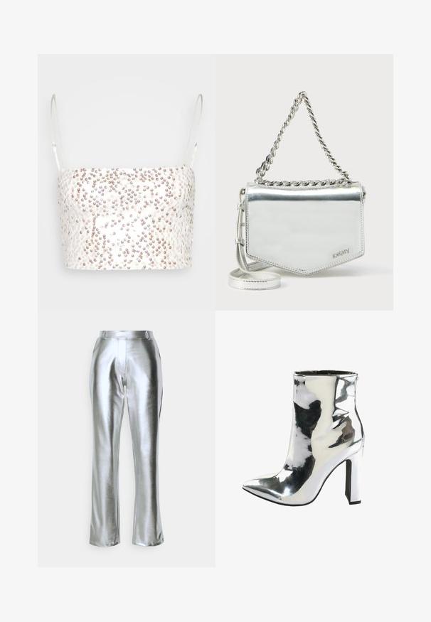 Gina Tricot SHIMMER CROPPED - Top - offwhite; Vero Moda VMSILVER STRAIGHT PANTS - Pantalones - silver-coloured; Botín de charol plateado hasta el tobillo con puntera afilada, tacón alto grueso y cremallera lateral, con una textura suave y brillante.; Bolso bandolera metálico plateado con correa de cadena, forma geométrica, textura suave y detalle de logo. Cuenta con cierre de cremallera y costura decorativa.