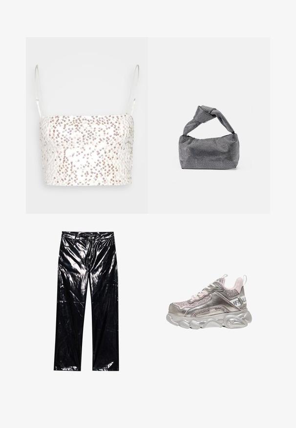 Gina Tricot SHIMMER CROPPED - Topp - offwhite; Mustad, kõrgläikega, kunstnahast püksid laiemate jalgadega, klassikalise viie tasku disainiga, nupu ja lukuga sulgemine ning läikiv tekstuur.; Robustne metallik hõbedane ja roosa vabaajajalats sädelevate paneelidega, valgete paelte, paksu vormitud tallaga ja kaubamärgiga kontsirihmaga.; Must musta ja hõbedane käekott, millel on tekstureeritud pind, millel on teemanti muster, sõlmega käepide ja struktureeritud kuju.