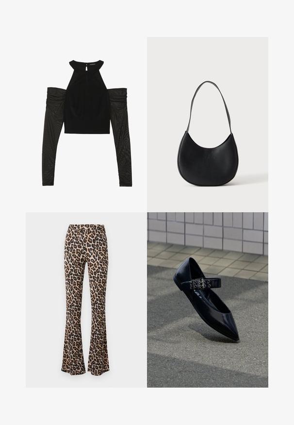 Zwarte crop top met hoge halslijn en open schouders. Lange doorzichtige mesh mouwen met geplooide stofdetails. Sluiting met keyhole aan de achterkant.; Leporelloprint uitlopende broek in zandkleur en zwart, gemaakt van zachte stof met een gladde textuur, met een aansluitende taille en uitlopende zoom.; Zwarte platte puntige schoen met een brede riem voorzien van een dubbele zilveren gesp en oogjes, rechtop geplaatst op asfalt bij een betegelde muur.; Zwarte leren schoudertas in halve maansvorm met een enkele riem en subtiel gegraveerde merknaam op een effen lichte achtergrond.