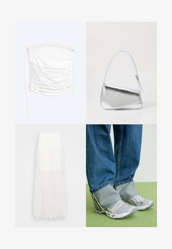 Top blanco sin tirantes con bordes de encaje y detalles fruncidos en la parte delantera, diseñado con cordones en ambos lados.; Falda maxi blanca con diseño de capas y cinturilla elástica. Fabricada en tejido ligero, presenta capas semitransparentes y un diseño fluido.; Zapatillas deportivas grises con material de malla y acentos blancos, combinadas con jeans de denim azul que tienen los tobillos remangados.; Bolso de mano metálico plateado con forma triangular, textura suave y una fina correa de hombro ajustable. Presenta un diseño plegable con costuras.
