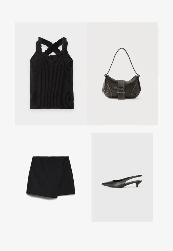 Haut noir en maille côtelée sans manches avec un col à volants et des bretelles croisées sur les épaules.; Mini-jupe asymétrique noire avec devant drapé et fermeture éclair latérale.; Chaussure slingback noire à bout pointu en cuir lisse. Présente un talon fin et un détail de boucle sur la sangle réglable.; Sac à épaule en cuir noir avec une sangle à boucle, des bords arrondis et des coutures blanches contrastées sur un fond uni.