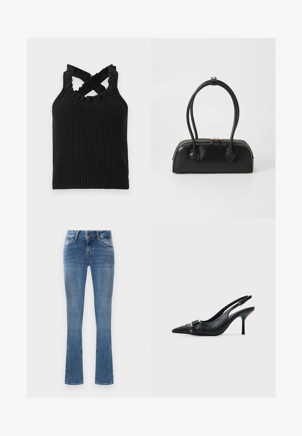Sort ribstrikket ærmeløs top med flæser ved halsudskæringen og korsede skulderstropper.; Lysblå denim flared jeans med fem lommer, lukning med knap og gule syninger. Stoffet har en glat tekstur.; Sort læder højhælet sko med spidst tåparti, slingback og rem med spænde og nitter foran.; Sort læder håndtaske med to langstrakte håndtag, lynlåslukning og afrundet form; glat tekstur med en subtil blank finish.