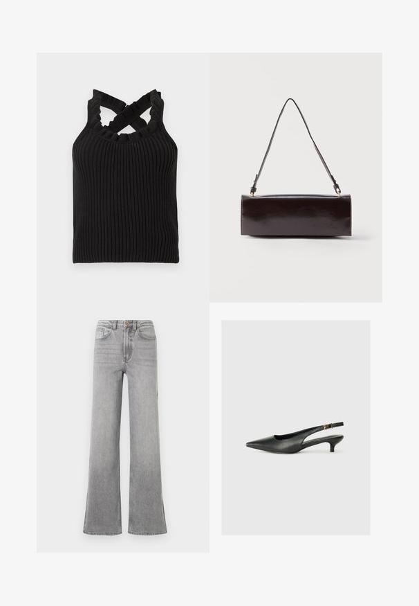 Top negro sin mangas de punto acanalado con cuello con volantes y tirantes cruzados en los hombros.; Jeans de mezclilla gris de campana con una cintura alta, bolsillos delanteros, trabillas para el cinturón y un sutil diseño descolorido, presentados sobre un fondo blanco.; Zapato de tacón slingback negro de punta afilada, hecho de cuero suave. Presenta un tacón delgado y un detalle de hebilla en la correa ajustable.; Bolso rectangular de cuero negro con una sola correa larga y acabado brillante, exhibido sobre un fondo blanco liso.