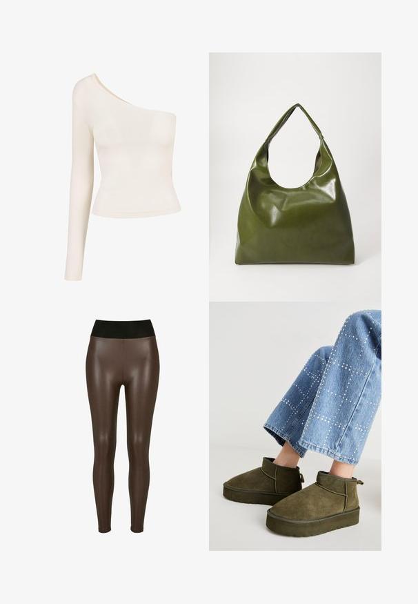 Langarmoberteil in hellbeige mit einem Schulter-Ausschnitt. Glattes, dehnbares Material; die taillierte Passform betont die Silhouette. Keine Muster oder Verzierungen.; Braune leggings aus Kunstleder mit einem hohen schwarzen Bund, die eine glatte, glänzende Oberfläche und ein eng anliegendes Design bis zum Knöchel aufweisen.; Olivgrüne Wildleder-Ankle Boots mit einer dicken, strukturierten Sohle und einem Zugriemen. Kombiniert mit hellblauen, verzierten Jeans.; Grüne Leder-Hobo-Tasche mit einem lässigen Design, gebogenem Griff und glatter Textur. Enthält keine sichtbaren Beschläge oder Akzente.