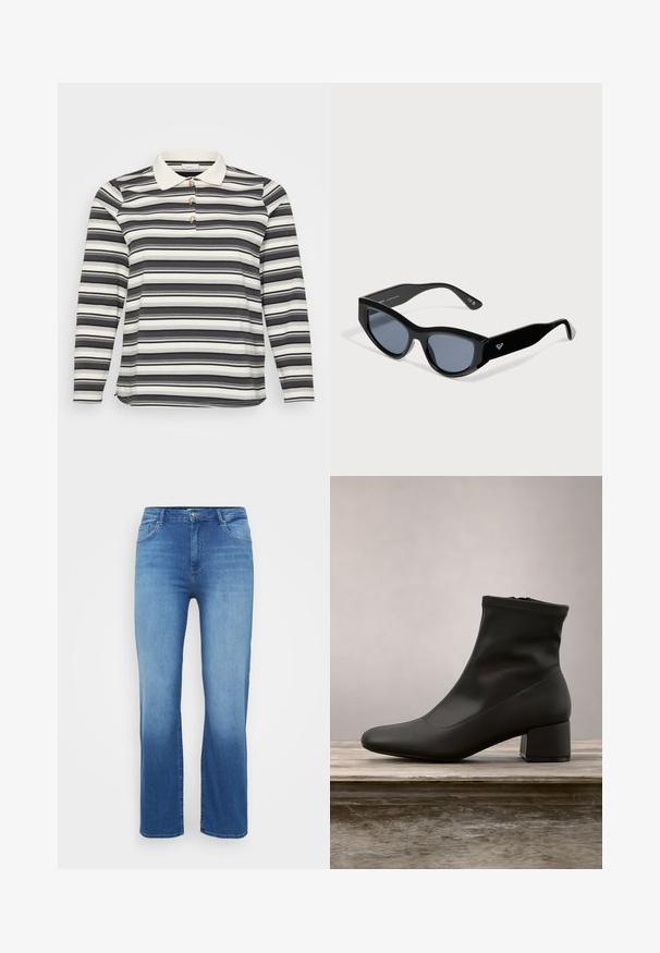 Langærmet polo skjorte med et sort og hvidt stribet mønster, der har en kontrasterende hvid krave og tre dekorerende knapdetaljer.; Lysblå denimjeans med lige snit, fem-lomme design og en slidt effekt ved kanten. Knaplukning i taljen.; Sort ankelstøvle med en glat, skinnende læderfinish, en skrå blokhælkappe og en tætsiddende, elastisk overdel for en slank silhuet.; Sorte katteøje-solbriller med mørke linser og tykke arme, med en lille hvid logo på den ene side.