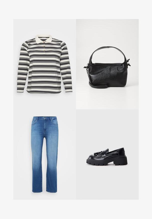 Langærmet polo skjorte med et sort og hvidt stribet mønster, der har en kontrasterende hvid krave og tre dekorerende knapdetaljer.; Lysblå denimjeans med lige snit, fem-lomme design og en slidt effekt ved kanten. Knaplukning i taljen.; Sorte læder loafers med en klumpet, bølget sål, der har en dekorativ kvast på forsiden og en glat, blank overflade.; Sort læderhåndtaske med et struktureret design, rund tophåndtag og aftagelig skulderrem. Den har en glat tekstur og en subtil glans.