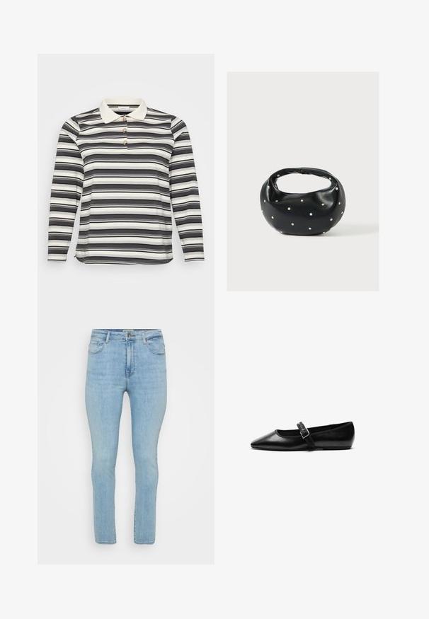 Langærmet polo skjorte med et sort og hvidt stribet mønster, der har en kontrasterende hvid krave og tre dekorerende knapdetaljer.; Lyseblå denimjeans med slim fit, der har fem lommer, bæltestropper og en standard lynlås med knaplukning.; Sorte flade sko lavet af læder med spidse tæer, justerbar rem med metalspænde, glat tekstur og minimalistisk design.; Sort læderhåndtaske med en rundet form, dekoreret med sølvnitter, og et kort håndtag. Glat tekstur og lynlåslukning.