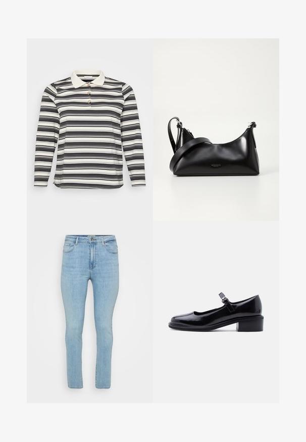 Langærmet polo skjorte med et sort og hvidt stribet mønster, der har en kontrasterende hvid krave og tre dekorerende knapdetaljer.; Lyseblå denimjeans med slim fit, der har fem lommer, bæltestropper og en standard lynlås med knaplukning.; Sort laklæder Mary Jane-sko med lav blokhæl og justerbar rem med spænde på ensartet lys baggrund.; Sort læderhåndtaske med en glat tekstur. Har en justerbar stropp og et enkelt, minimalistisk design med lynlås.