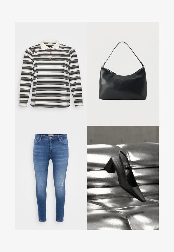 Langærmet polo skjorte med et sort og hvidt stribet mønster, der har en kontrasterende hvid krave og tre dekorerende knapdetaljer.; Slanke jeans i lyseblå denim med subtile slidte accenter, fem lommer og lynlås-lukning. Glat tekstur.; Sort slingback-hæl med spids tå, der har en tekstureret overflade og en chunky blokhæl. Lagt mod en skinnende, metallisk baggrund.; Sort skuldertaske i struktureret læder med buet toplynlås og enkelt justerbar rem mod ensfarvet baggrund.