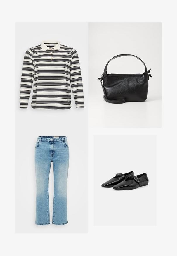 Polo shirt met lange mouwen in een zwart-wit gestreept patroon, voorzien van een contrasterende witte kraag en drie decoratieve knoopaccenten.; Lichtblauwe denim jeans met een rechte snit, voorzien van een knoopsluiting, vijf zakken en subtiele vervaging bij de knieën.; Paar zwarte lakleren platte schoenen met puntige neuzen en een gespenriem over de bovenkant, getoond op een effen lichte achtergrond.; Zwarte leren handtas met een gestructureerd ontwerp, een ronde bovenhandgreep en een afneembare schouderriem. Beschikt over een gladde textuur en een subtiele glans.