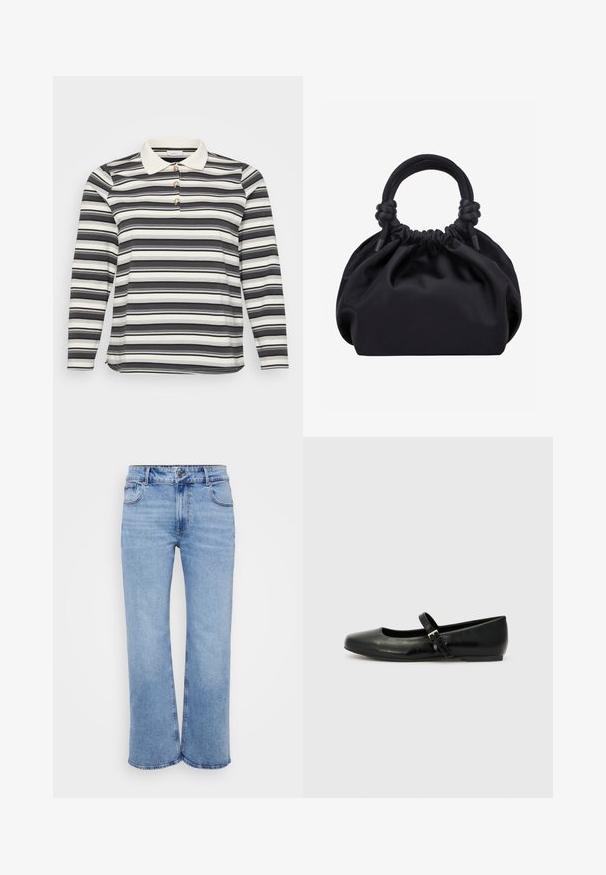 Polo à manches longues avec un motif rayé noir et blanc, doté d'un col blanc en contraste et de trois accents de boutons décoratifs.; Jeans larges de couleur bleu clair en denim, avec cinq poches, une fermeture éclair à l'avant et un bouton. Détails de couture subtils le long des coutures.; Ballerines en cuir noir avec un bout arrondi, une semelle plate et une fine sangle ajustable sur le cou-de-pied avec une boucle en métal.; Sac à main en tissu noir doux avec haut froncé et poignées circulaires rembourrées nouées de chaque côté.