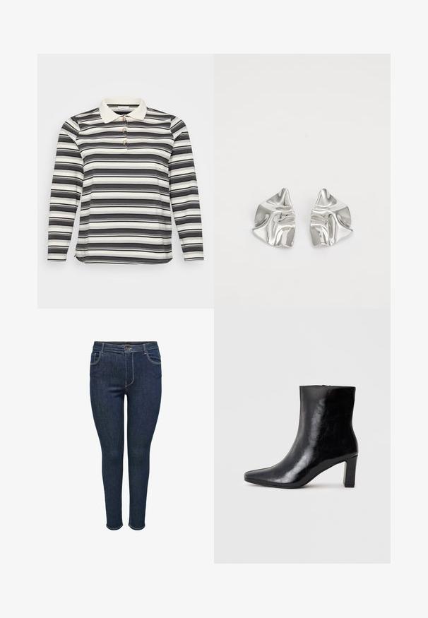 Langærmet polo skjorte med et sort og hvidt stribet mønster, der har en kontrasterende hvid krave og tre dekorerende knapdetaljer.; Mørkeblå denim skinny jeans med fem-lomme design, der har en knaplukning og sømadresser på sømmene. Glat tekstur, tætsiddende stil.; Sorte ankelstøvler lavet af blank læder, med spidse tæer og en mellemstor blokhæl, med en glat tekstur og et enkelt design.; Sølvmetal øreringe med et bølgende, skulpturelt design, der har en poleret overflade og uregelmæssige former, hvilket fremhæver en moderne æstetik.