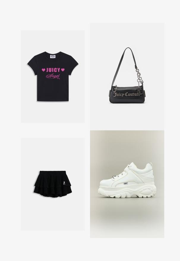 T-shirt en coton noir à manches courtes, avec un texte rose vif : « JUICY » accompagné de cœurs et « Angel » en écriture cursive.; Mini-jupe noire à volants avec taille élastique et petit logo blanc sur le côté droit, présentée sur un fond clair uni.; Baskets à plateforme blanches avec semelle épaisse et imposante, lacets sur le devant et logo de la marque Buffalo sur le côté, vues de l’extérieur.; Sac à main noir en matériau synthétique texturé. Dispose d'une bandoulière en chaîne et d'un logo "Juicy Couture" en argent affiché en évidence sur le devant.