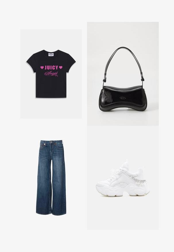 Zwart katoenen T-shirt met korte mouwen, met opvallende roze tekst: "JUICY" met hartjes en "Angel" in een cursief lettertype.; Wijd gesneden jeans van donkerblauwe denim, met een hoge taille, vijf zakken en contrasterende stikseldetails bij de naden.; Witte chunky sneaker met dikke zool, veters aan de voorkant en kettinkdetail met hangende parels op de hiel.; Zwarte laarzen van patentleer met een gebogen vorm, een enkele handgreep en een ronde bodem. Beschikt over een subtiele logodetail aan de voorkant.