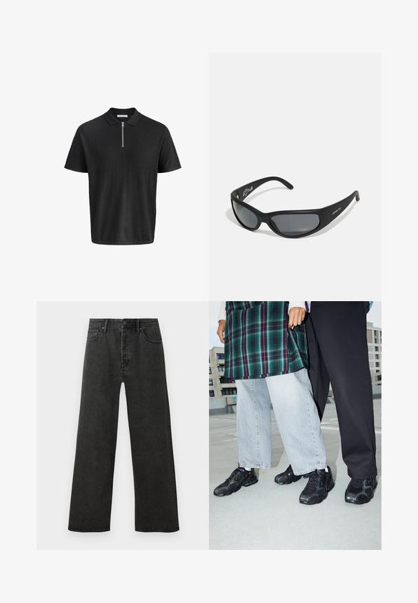 Camiseta polo negra de manga corta con cremallera plateada en el frente y un pequeño cuello, con la etiqueta Jack & Jones.; Jeans de mezclilla negros de cintura alta, de pierna recta, con cierre de botón frontal, cremallera y diseño de cinco bolsillos sobre un fondo blanco.; Zapatillas deportivas negras con acentos de malla y goma. Combinadas con jeans de pierna ancha de color gris claro y una blusa de cuadros verdes. Fondo de superficie plana.; Gafas de sol negras con un marco curvado y lentes oscuros. Presentan un acabado mate y el nombre de la marca "ARNETTE" en el lateral.