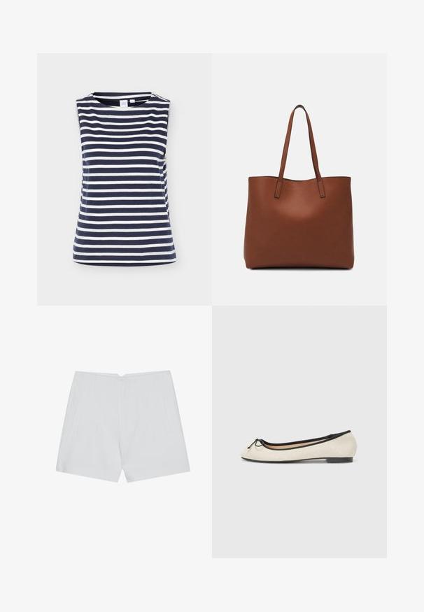Mouwloze marineblauwe en witte top met horizontale strepen en een ronde hals, gemaakt van zachte katoenen stof, afgebeeld op een effen achtergrond.; Witte shorts met een op maat gemaakte uitstraling, vlakke voorkant, twee zijzakken en een nette zoom. Gemaakt van een soepel materiaal zonder zichtbare patronen.; Balletschoen in een beige textiel met een zwarte rand. Heeft een ronde neus en een kleine strikaccent aan de voorkant. Laag profiel zool.; Bruine leren tote bag met een gladde textuur, een ontwerp met een open bovenkant en twee schouderbanden. Kenmerkt zich door minimale stiksels en geen zichtbare hardware.