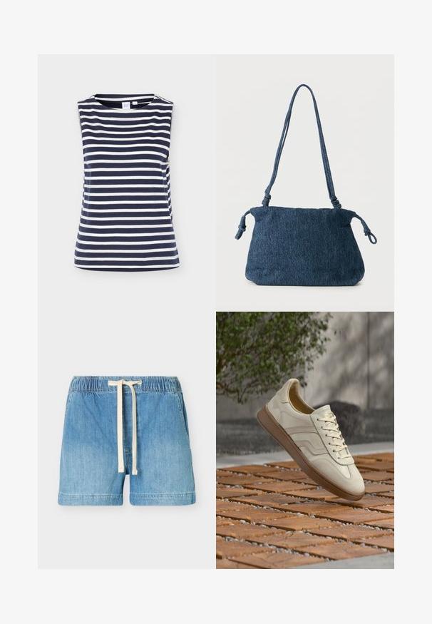Haut sans manches rayé horizontal bleu marine et blanc avec col rond, en tissu coton doux, présenté sur fond uni.; Short en denim bleu clair avec taille élastique et cordon blanc, poches avant et ourlet droit.; Baskets couleur crème avec une semelle extérieure en caoutchouc beige texturée, un design à lacets et un marquage subtil sur le côté. Tige en cuir lisse.; Sac d'épaule en denim bleu foncé avec extrémités de sangle nouées et forme rectangulaire simple sur fond blanc.