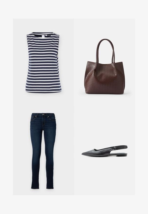 Mouwloze marineblauwe en witte top met horizontale strepen en een ronde hals, gemaakt van zachte katoenen stof, afgebeeld op een effen achtergrond.; TOM TAILOR DENIM TTJONA SKINNY FIT - Jeans Skinny Fit - used dark stone blue denim; Zwart leren platte schoen met spitse neus, slingback en lage hak met verstelbare riem op lichte achtergrond.; Bruine gevlochten leren tote bag met twee handvatten, voorzien van een gestructureerde oppervlakte en een open ontwerp. Minimalistische vorm zonder extra hardware.