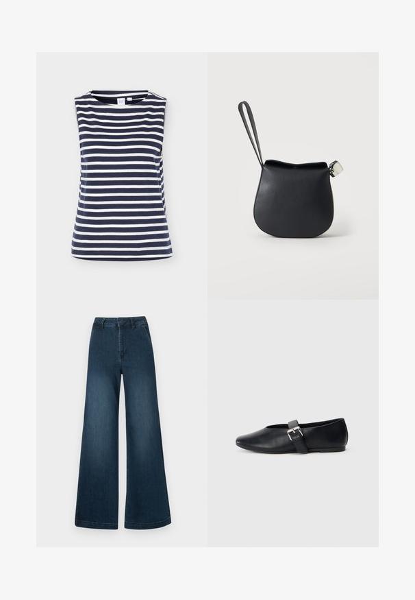 Ärmelloses navyblaue und weiße Top mit horizontalen Streifen und Rundhalsausschnitt, aus weichem Baumwollstoff, auf einfarbigem Hintergrund dargestellt.; Dunkelblaue High-Waist-Jeans mit weitem Bein, Taschen vorne und Gürtelschlaufen auf weißem Hintergrund.; Schwarze Lederflachschuhe mit einem runden Zehendesign, ausgestattet mit einem seitlichen Schnallenriemen und einer glatten Textur. Niedrigprofilsohle für einen bequemen Tragekomfort.; Schwarze Leder-Handgelenktasche mit abgerundetem Boden und silbernem Verschluss auf schlichtem weißem Hintergrund.